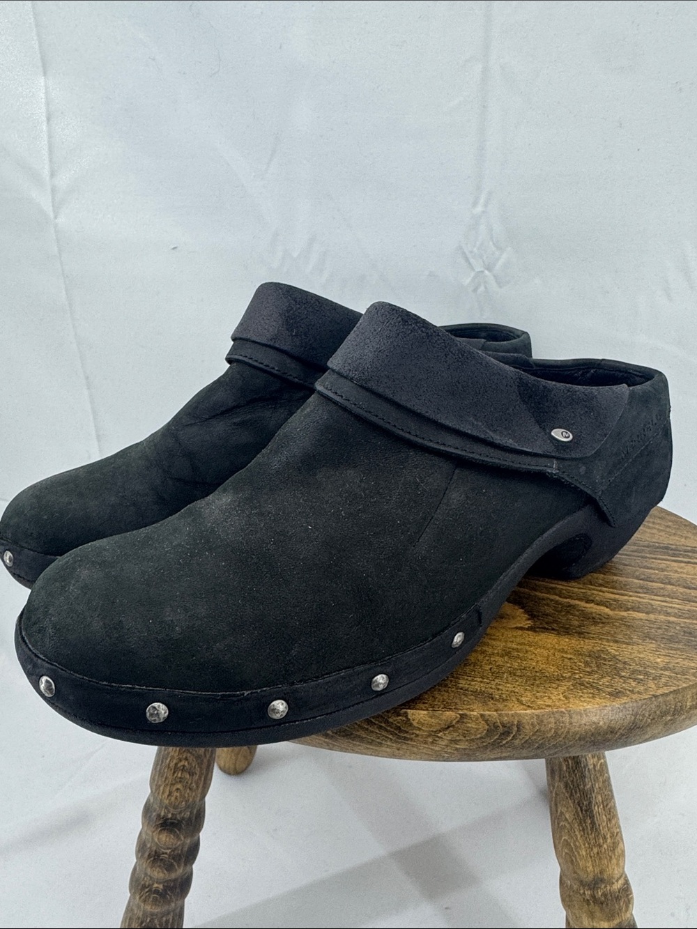Merrell Womens Black Luxe Wrap Clogs Mules, Silver Studed Leather Nubuck, sz 9